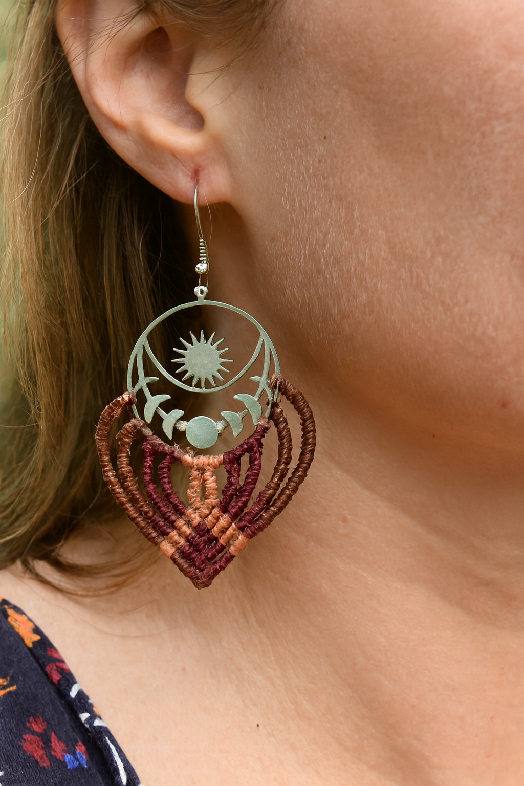 Boucles d'oreilles en macramé, Soleil et Lune