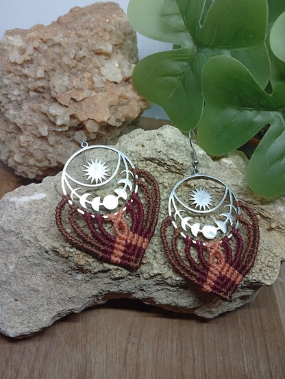 Boucles d'oreilles en macramé, Soleil et Lune